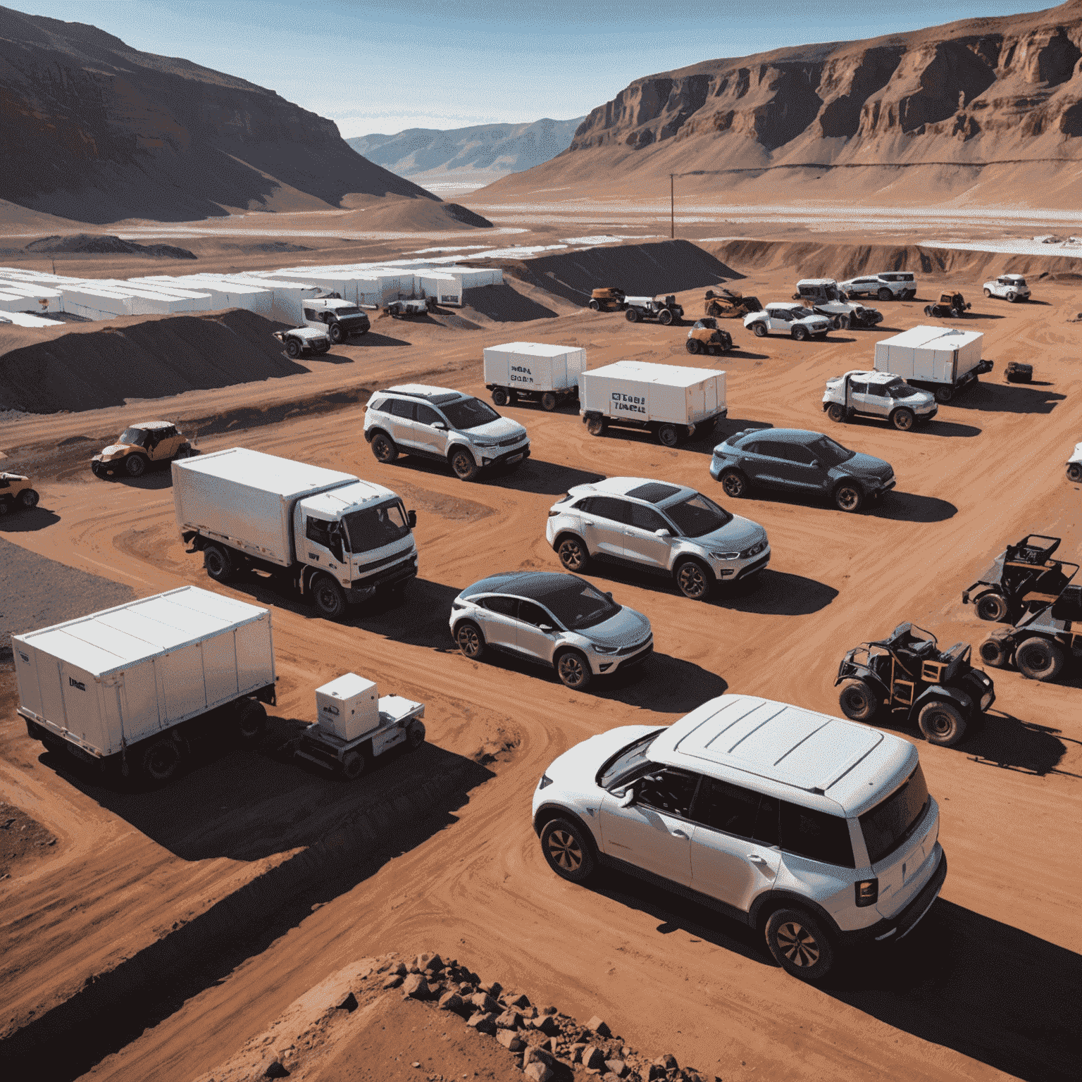 Lithium mining operation with electric vehicles and battery storage systems in the background, showcasing the interconnected nature of the lithium industry