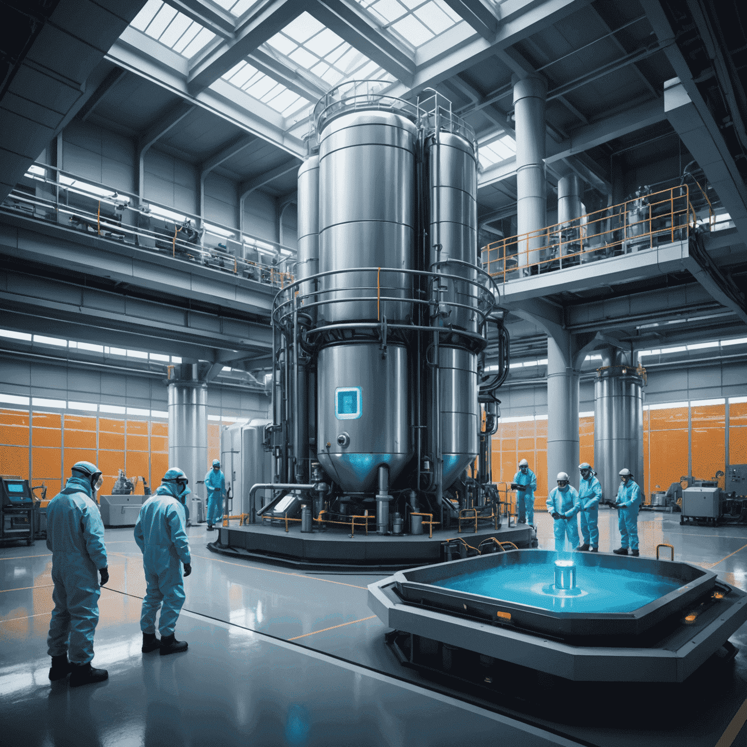 Advanced lithium extraction facility with futuristic machinery and glowing blue extraction tanks, surrounded by scientists in high-tech protective gear