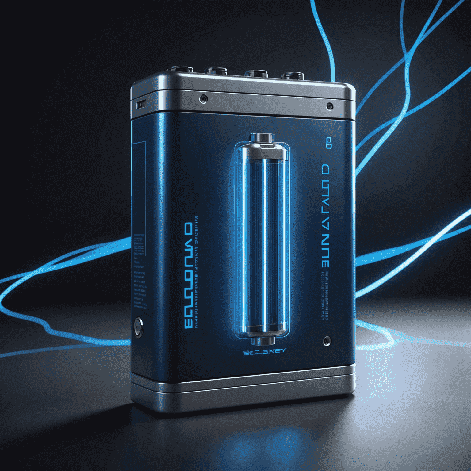 Futuristic lithium-ion battery with glowing blue energy trails, showcasing advanced technology and efficiency