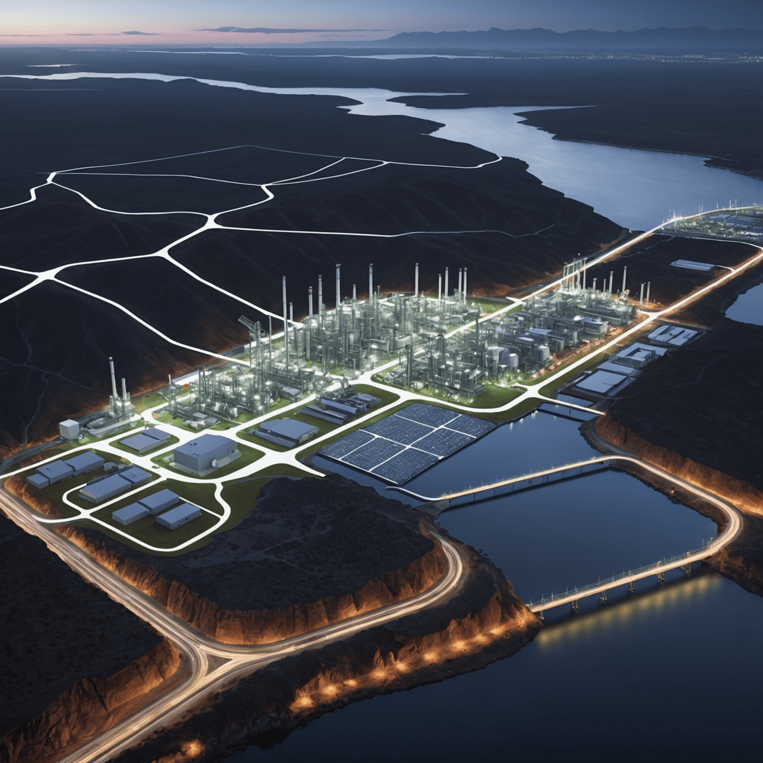 Visualization of a complex lithium supply chain network, showing extraction sites, processing facilities, and manufacturing plants connected by glowing lines representing logistics routes