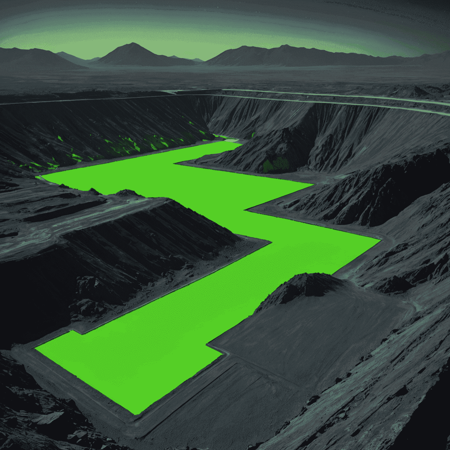 3D rendered image of a lithium mine with neon green highlights