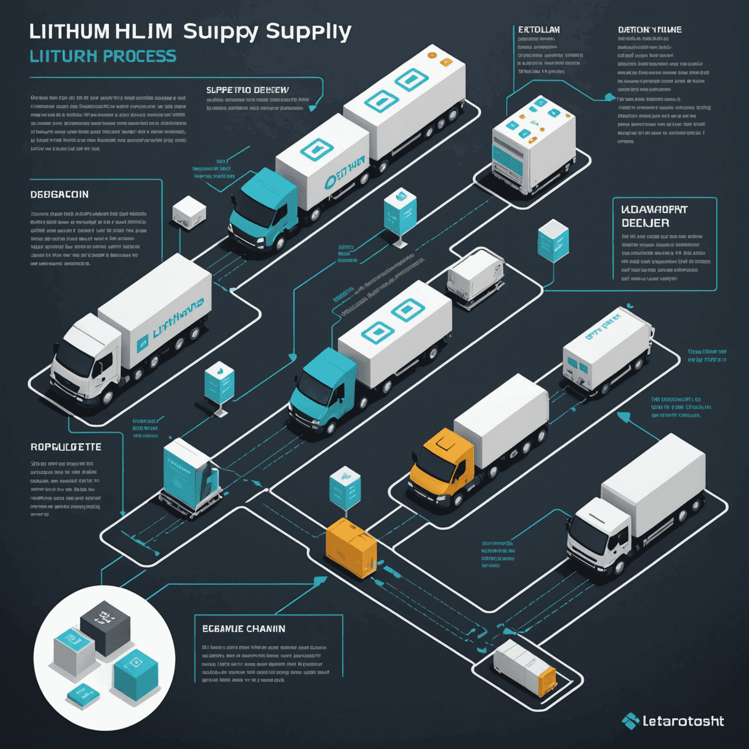 Infographic showing the optimized lithium supply chain process, from extraction to end-product delivery, with futuristic design elements and data visualization