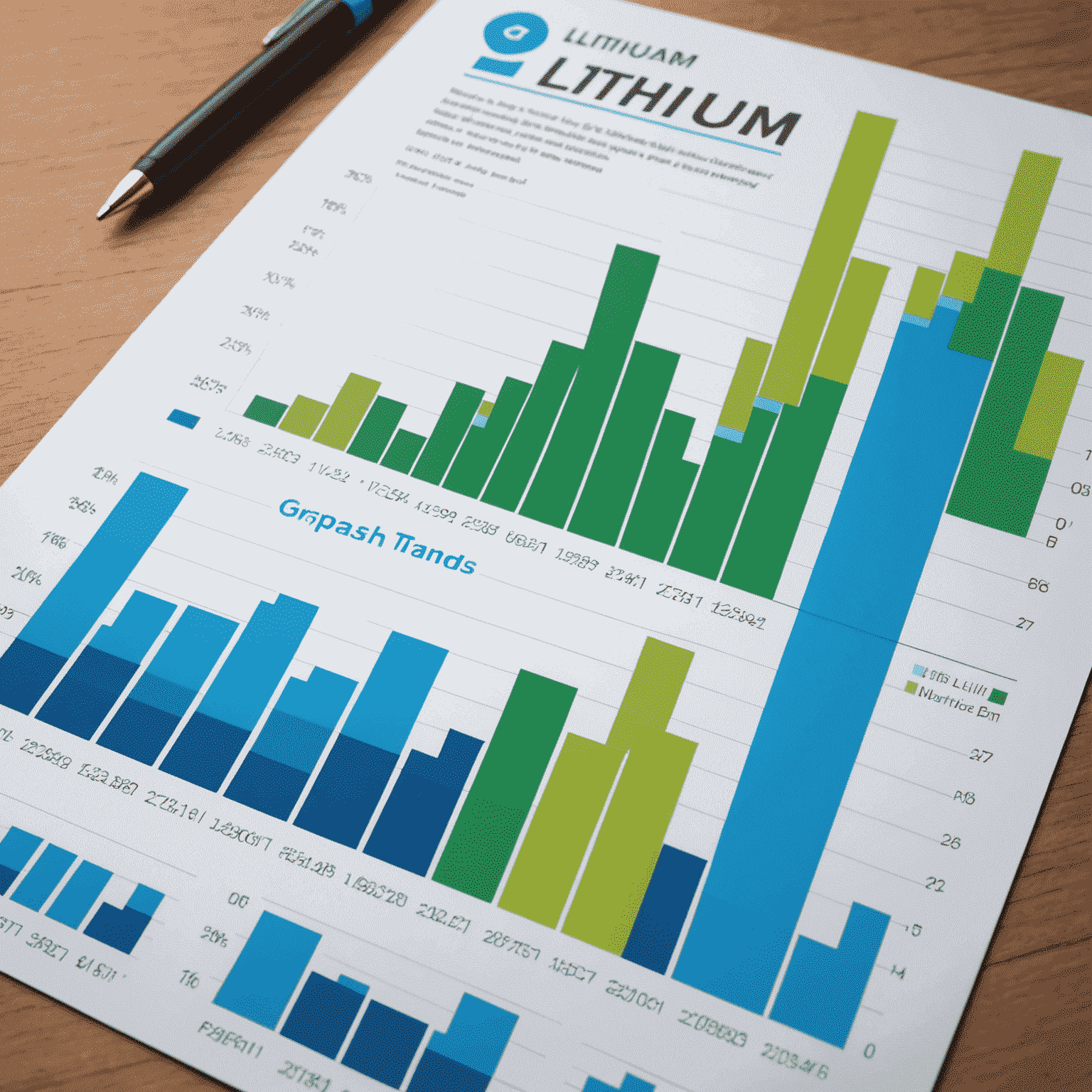 Graph showing lithium market trends, with rising line charts and bar graphs in electric blue and neon green colors