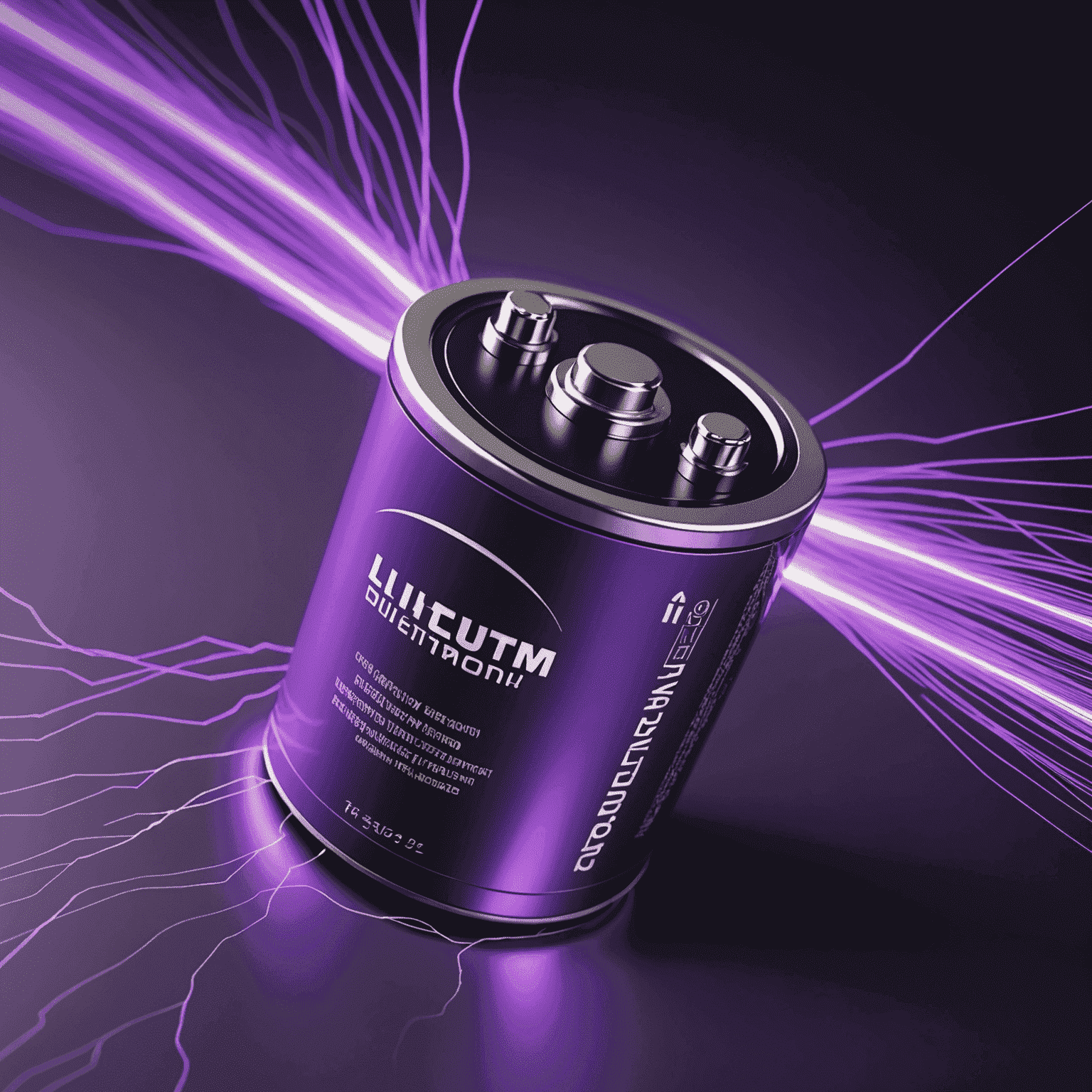 Close-up of a lithium-ion battery with purple energy trails