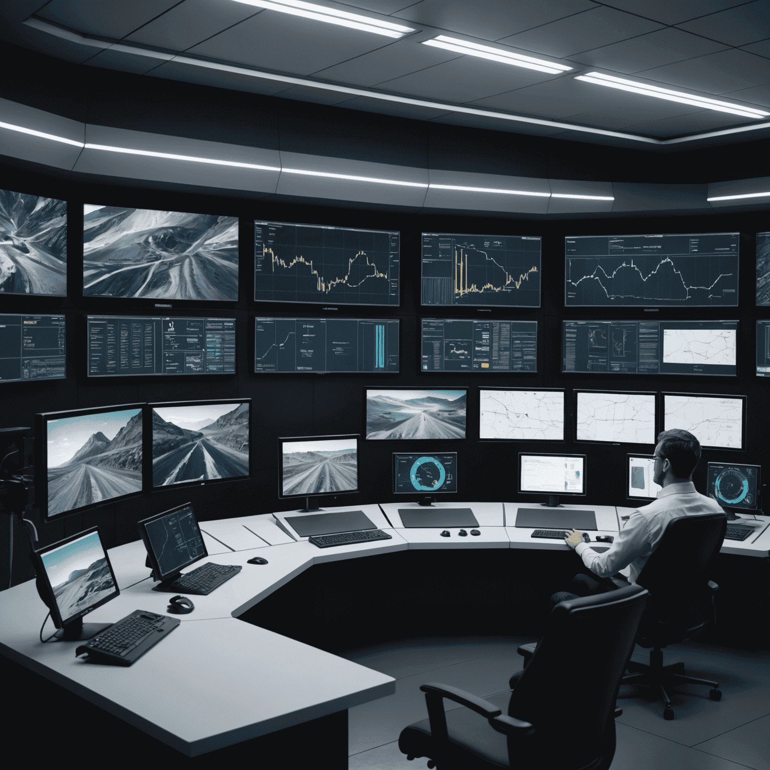 High-tech control room for lithium mining operations, featuring multiple screens displaying real-time data and AI-powered optimization algorithms