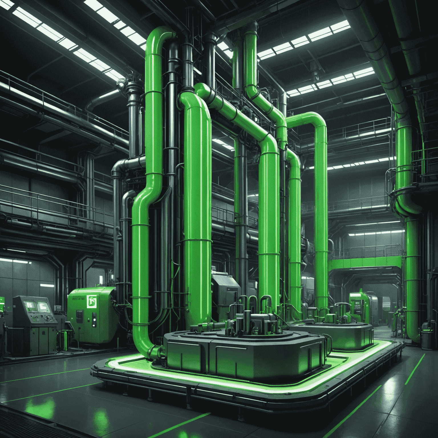 Futuristic lithium extraction facility with high-tech machinery and glowing neon green extraction tubes