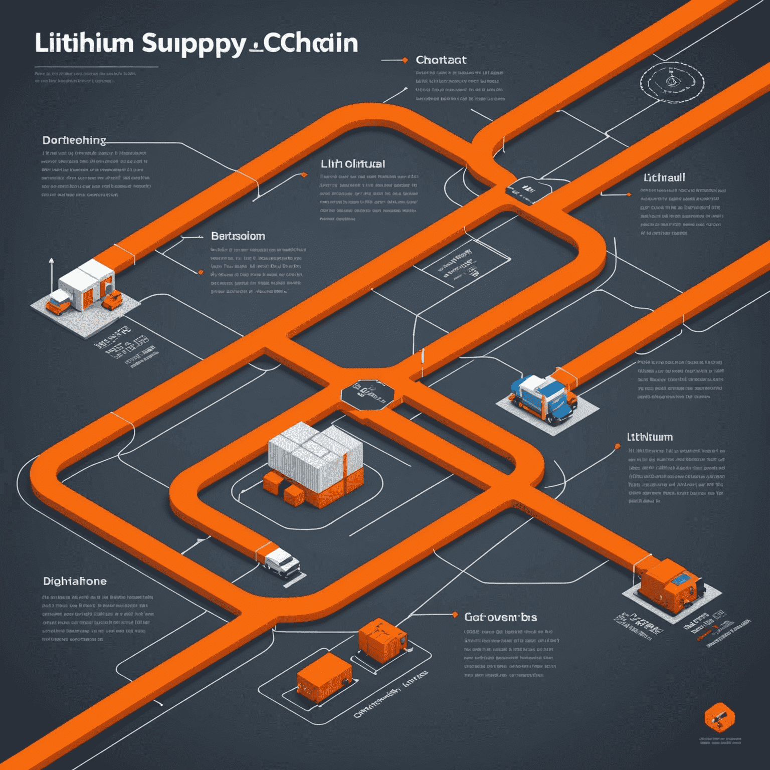 Infographic of lithium supply chain with bright orange connecting lines