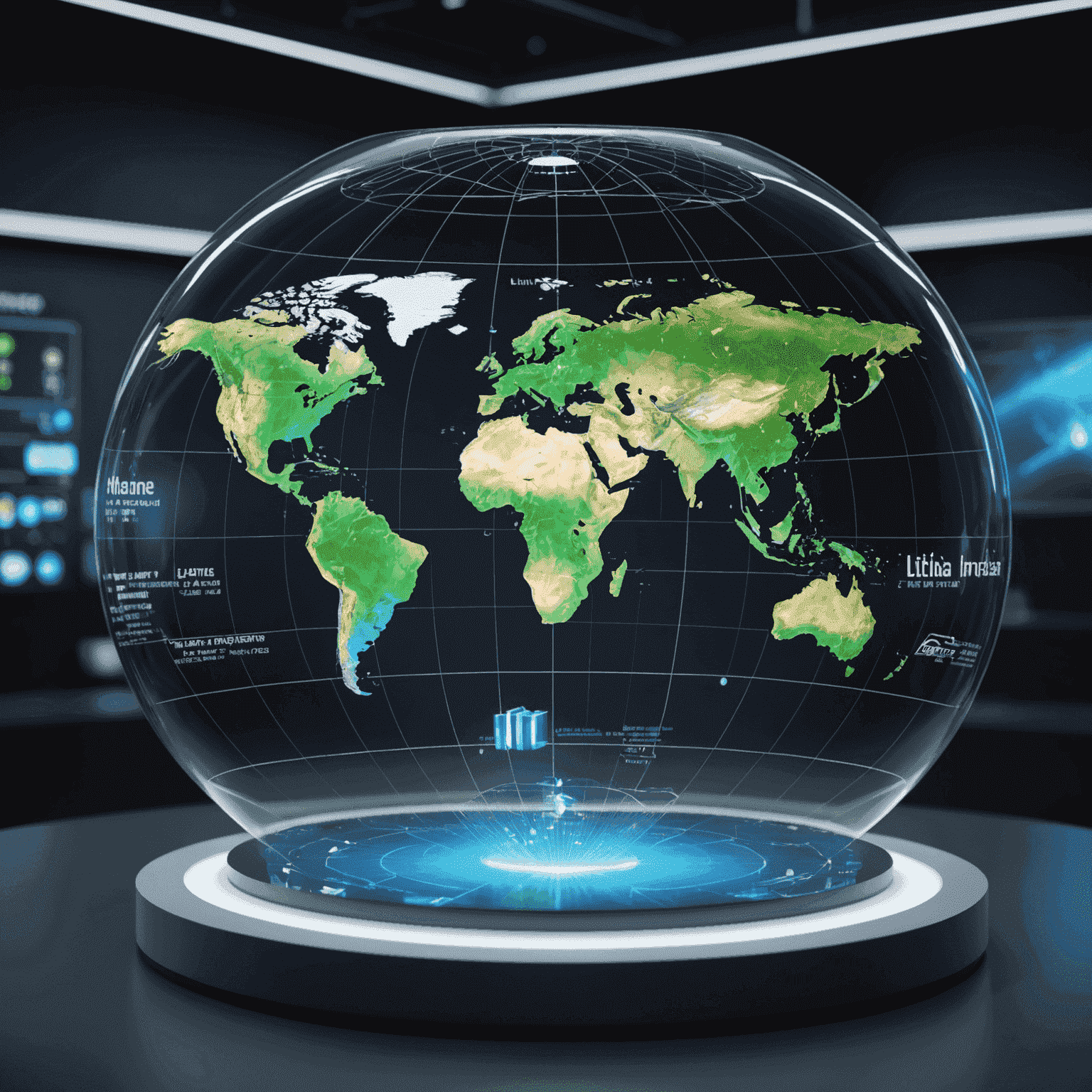 Dynamic 3D holographic display showing global lithium market trends, supply chains, and future demand projections