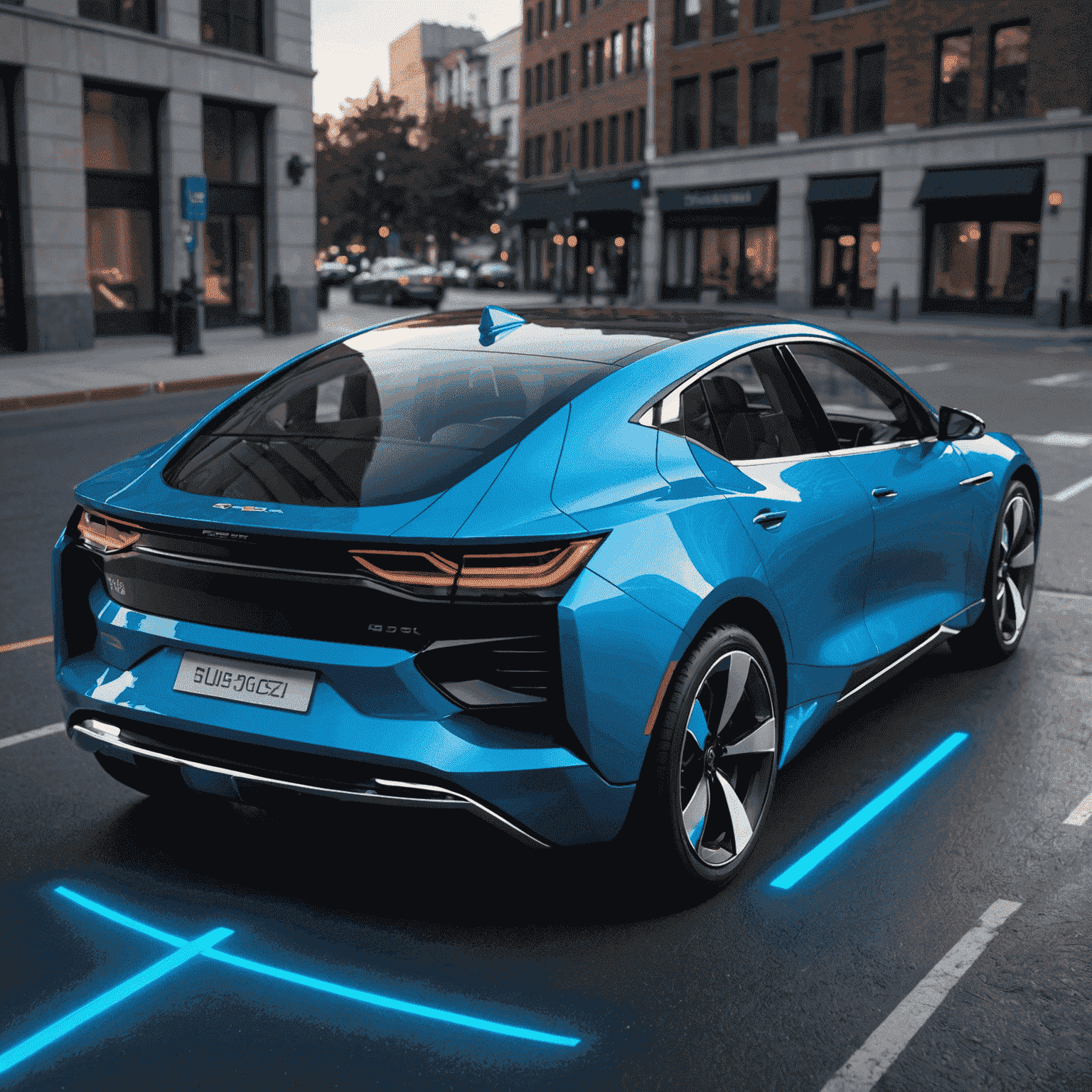 Sleek electric vehicle with a cutaway view showing an advanced lithium-ion battery pack glowing in electric blue